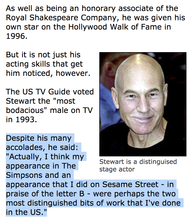 Mirkin has said that  @SirPatStew is "one of the best guest performances" because "he was so committed to [the] character". Stewart called his Simpsons appearance "distinguished" in a 2000 interview with BBC News.