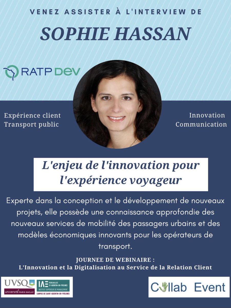 event_collab's tweet photo. 🔷Webinaire J-6

📲 Nous aurons le plaisir d’accueillir lors de notre Webinaire Sophie Hassan, la directrice expérience client, marketing et innovation de RATP DEV IDF. Nous échangerons avec elle sur le sujet de « L’enjeu de l’innovation pour l’expérience voyageur ». https://t.co/wzHYqbReOt