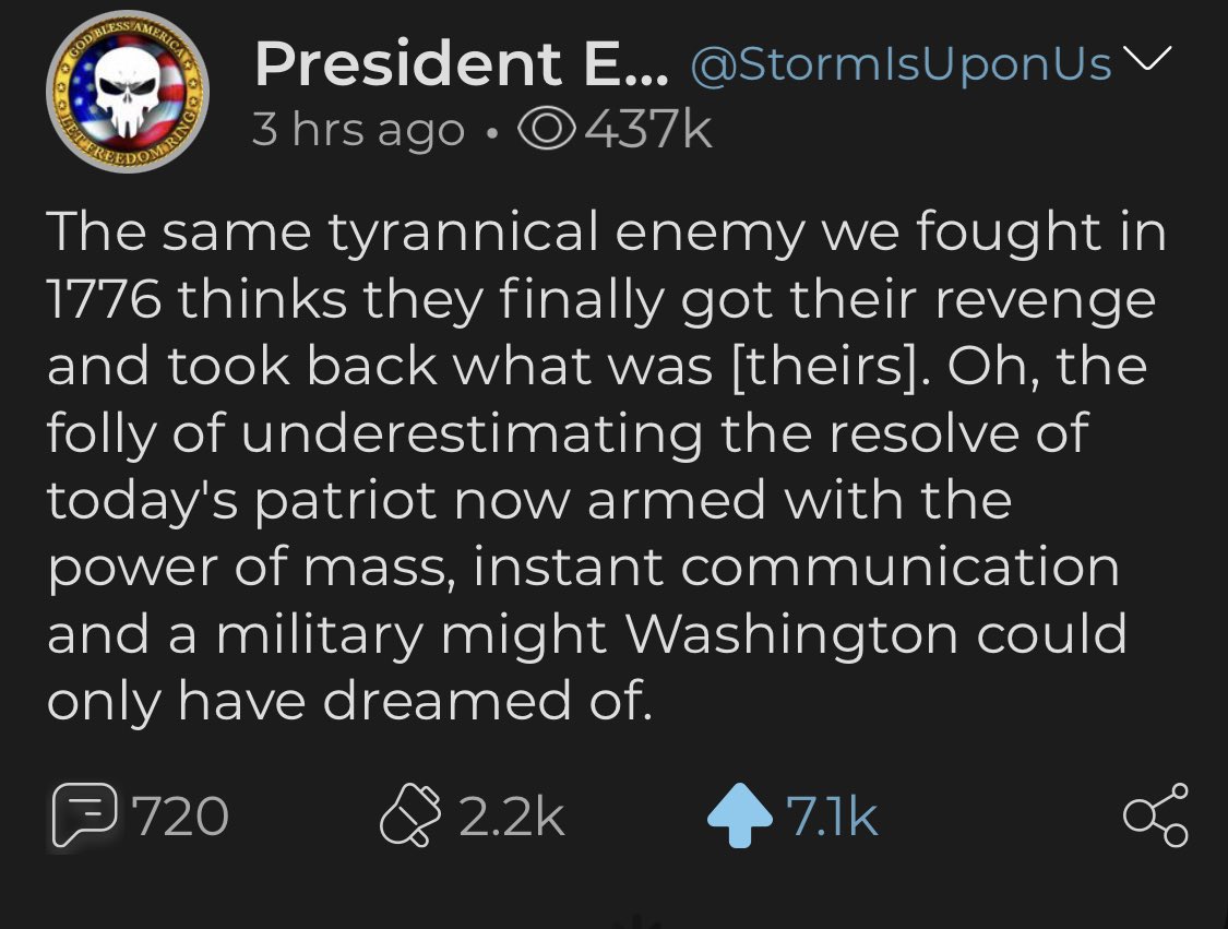 3. FOLLOW @ STORMISUPONUS ON PARLER. HE’S BEEN EXTREMELY CONSISTENT WITH HIS MESSAGES. EITHER HE IS RIGHT...OR HE’S AN OVERTLY CRUEL PSYCHOPATH. YOU BE THE JUDGE.