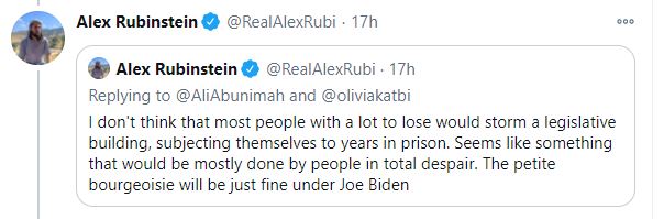 Tweet 3! This one is interesting, because it assumes that the people who stormed the capital had A. a particularly good reason to do this, and B. A reason to fear that they would lose anything. I don't think either of those things are true.