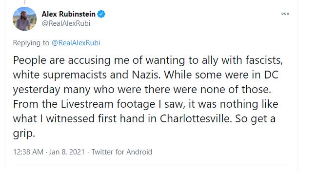 Tweet 5, final tweet. This is back to the old chestnut of separating "Nazis" and "average people" into two distinct boxes that don't overlap, and I think I said my peace on that. All I'll add is that many of the people present at Charlottesville were also in this mob too.
