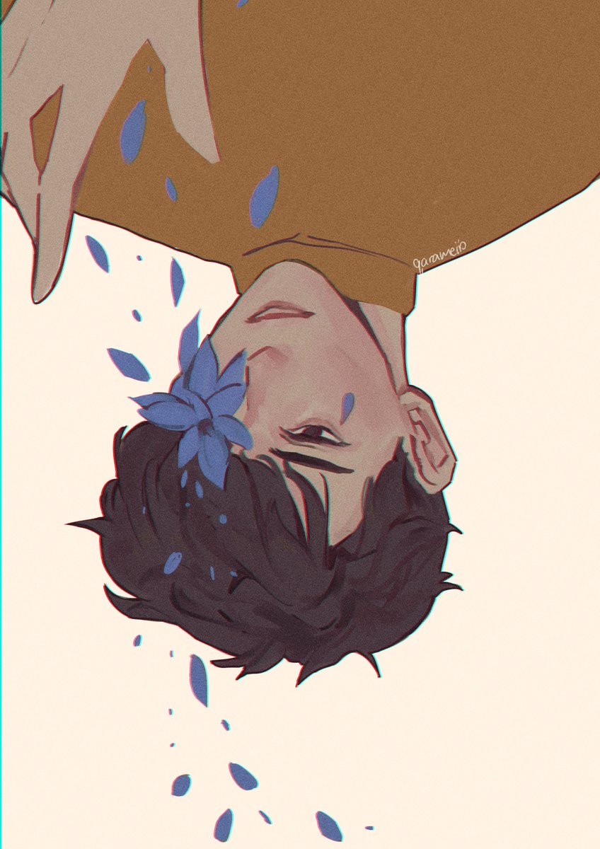 1boy male focus flower solo blue flower petals upside-down  illustration images