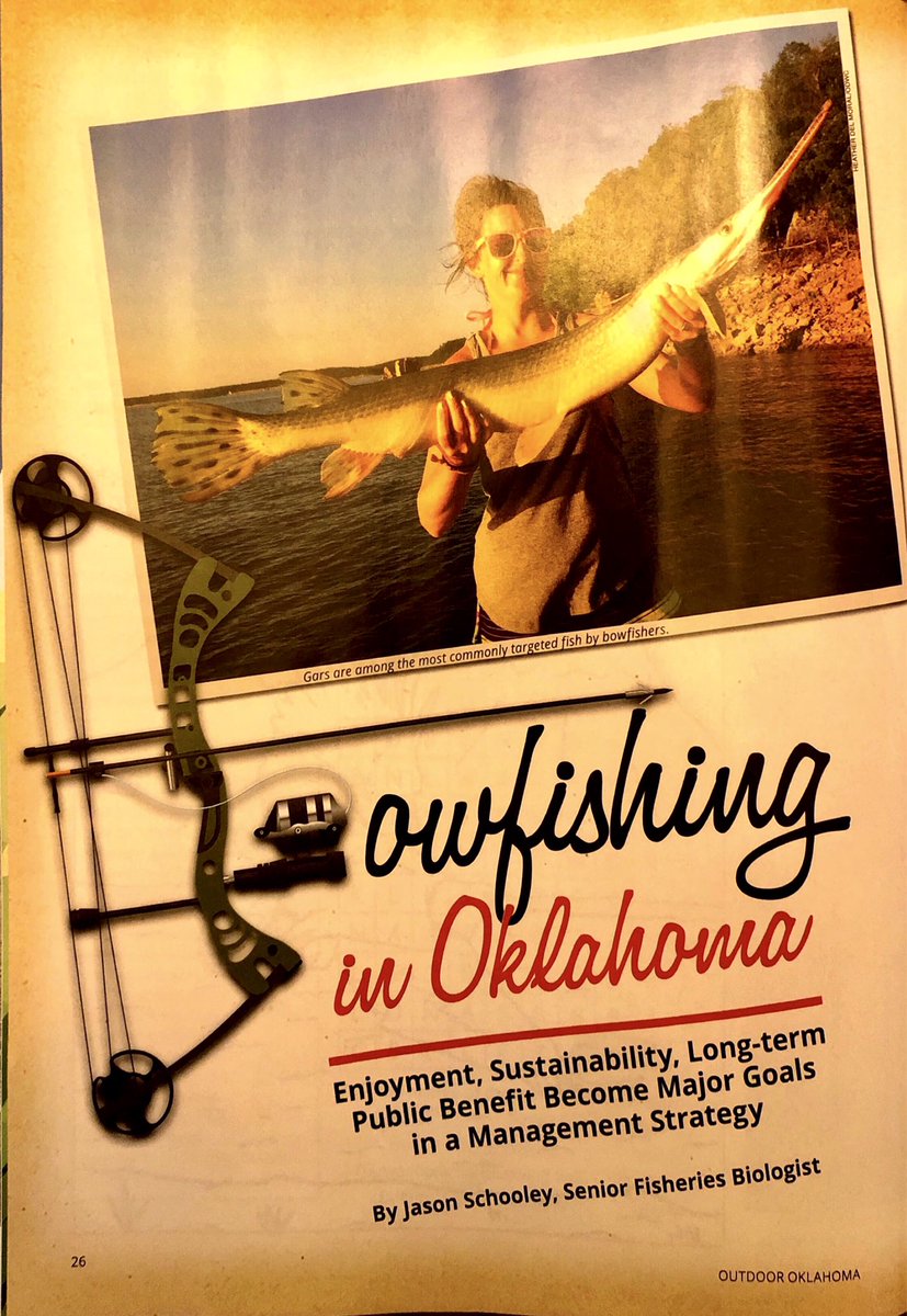 The latest issue of Outdoor OK Magazine features a spread on  #bowfishing in OK and it’s potential need for management. It’s based on our paper here-  https://www.researchgate.net/publication/343610758_Bowfishing_in_the_United_States_History_Status_Ecological_Impact_and_a_Need_for_Management#fullTextFileContentDM me for pdf of the mag article below.  #gar  #buffalo  #carp  #native  #nongame  #Sustainability 1/7