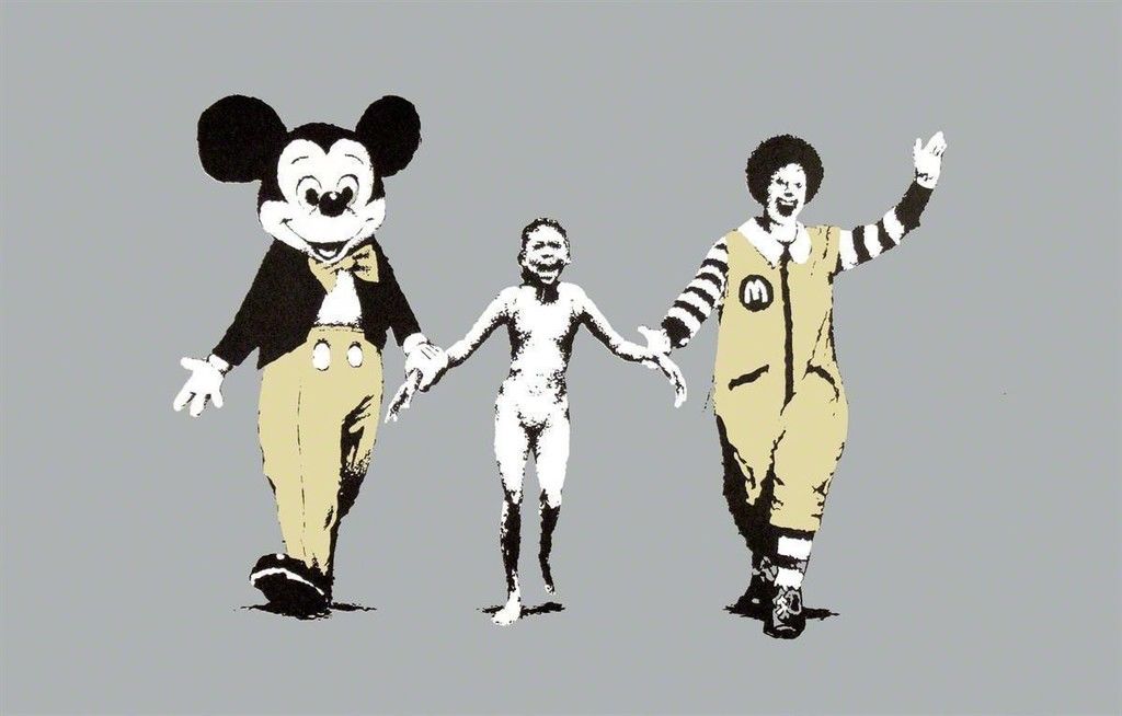 2) Banksy is known for his controversial and satirical political pieces.'Napalm' is Banksy at his most unforgiving and in-your-face. The co-optation of the icons of cultural fantasy and modern capitalism place this work firmly alongside the agitprop aesthetic