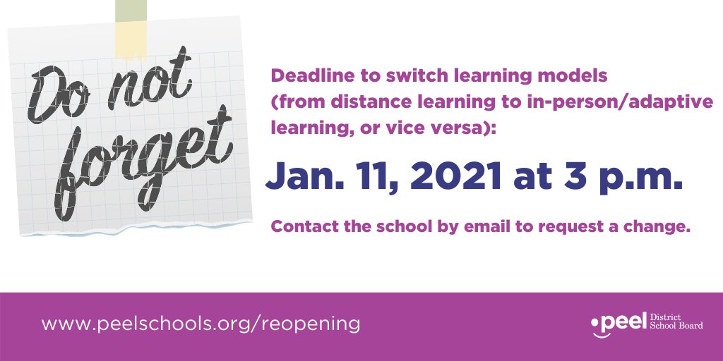 REMINDER: The deadline to request a switch in learning models is Monday, Jan. 11 at 3 p.m. This is the final opportunity to switch learning models for the 2020-21 school year. 

MORE: peelschools.org/media/newsrele…