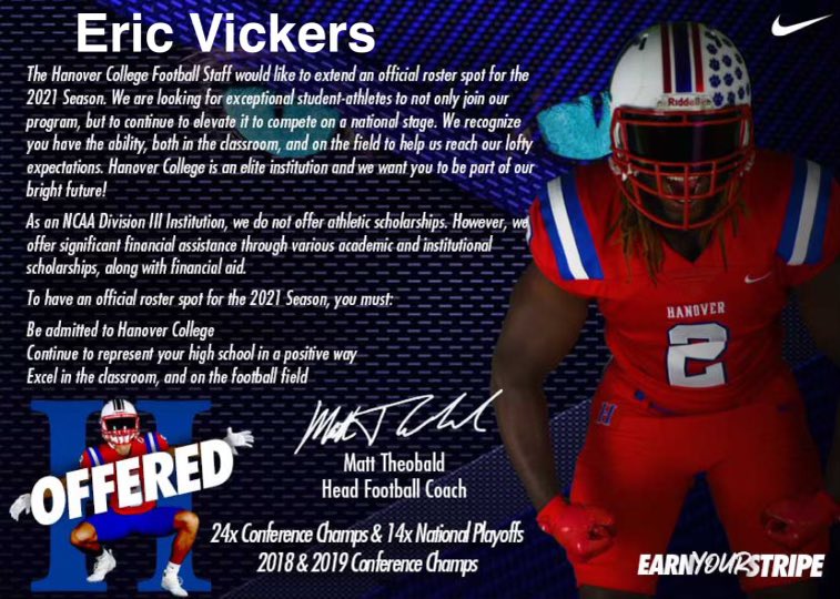 VickersEric's tweet image. Blessed and honored to receive an official offer to play quarterback at the next level at Hanover College. Thank you @MTHEO12 for the opportunity!!