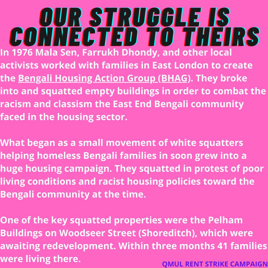 2/3 It’s crucial that our strikers are aware of the history of rent striking, and how it has been used throughout history as a tactic by marginalised people.Bengali squatters and their occupation of buildings in TH in the name of Black Radicalism in the ‘70s preceded us here!