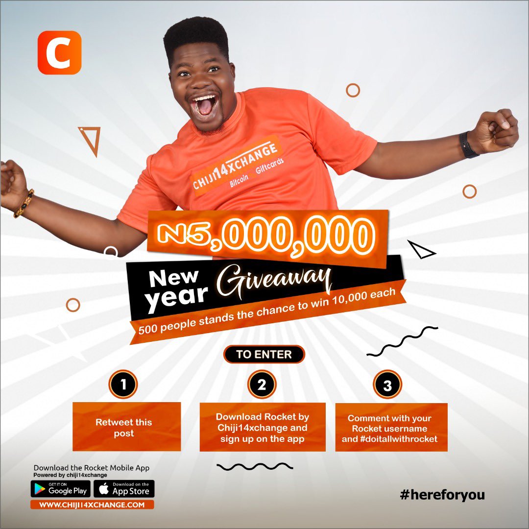 Hello fam, Chiji14xchange is giving away 10,000Naira each to 500 lucky  winners. The rule is simple: Retweet this post and check the flyer for  details. #doitallwithrocket