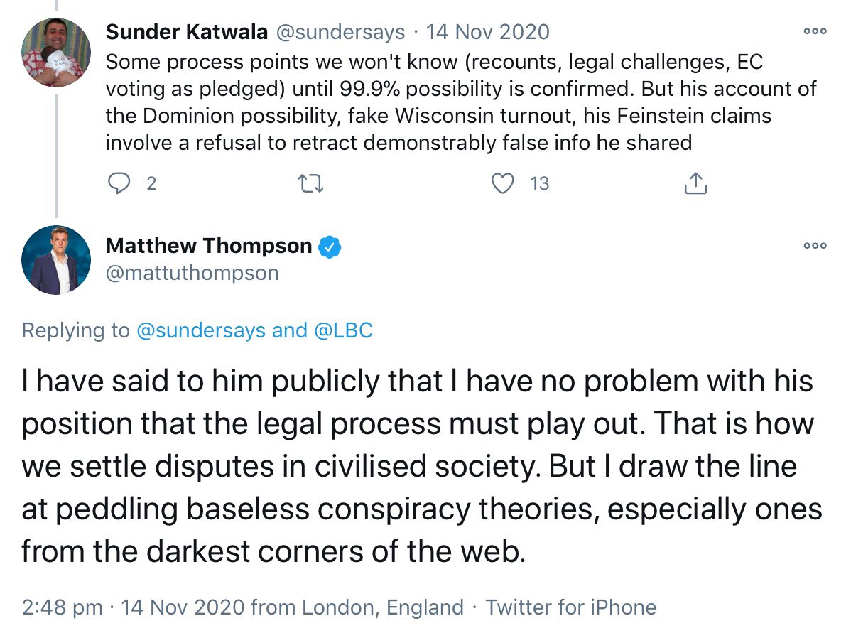 Need to draw the line "at peddling baseless conspiracy theories, especially ones from the darkest corners of the web". Just asking questions is the "get out clause for most of the worst conspiracy theories" said LBC senior reporter Matthew Thompson of the boundaries MN crosses.