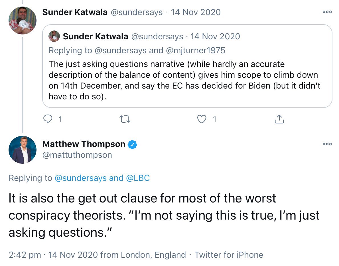 Need to draw the line "at peddling baseless conspiracy theories, especially ones from the darkest corners of the web". Just asking questions is the "get out clause for most of the worst conspiracy theories" said LBC senior reporter Matthew Thompson of the boundaries MN crosses.