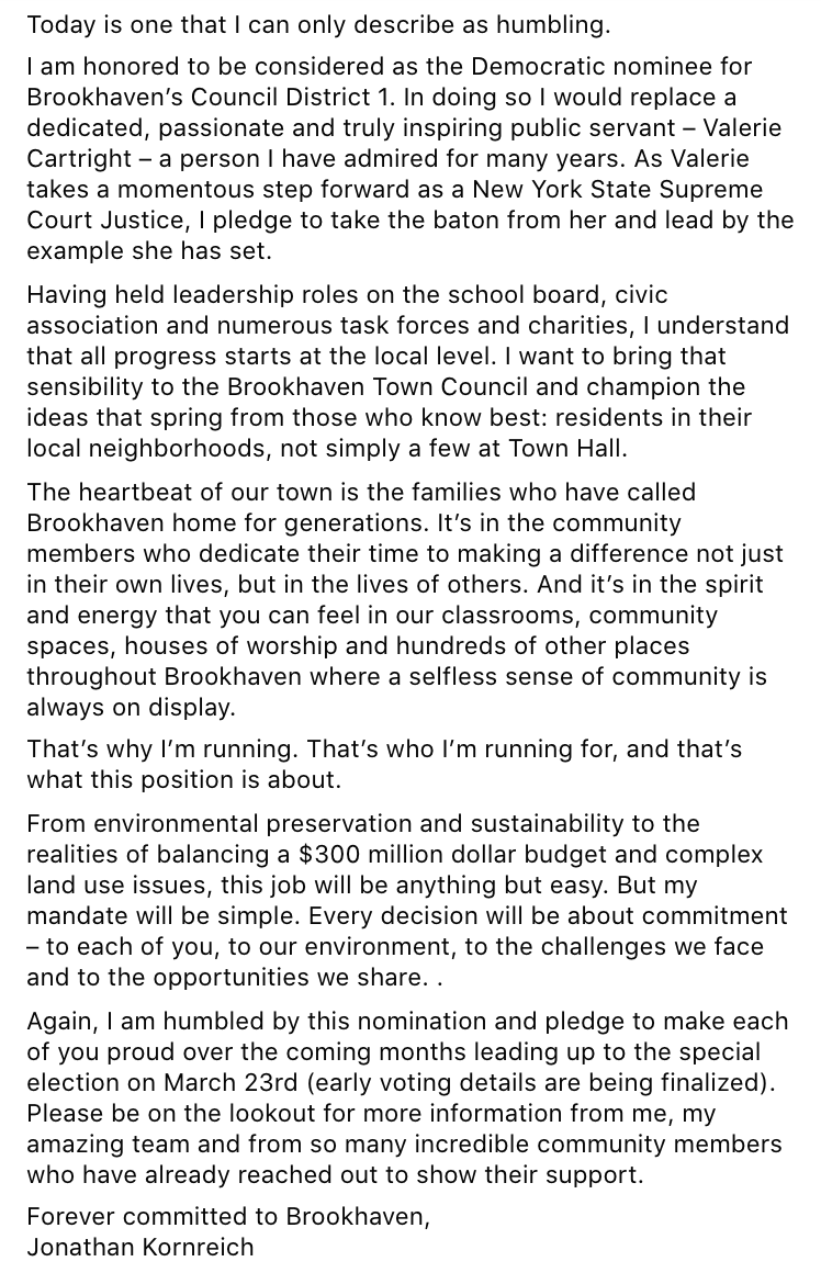 Kornreich_CD1's tweet photo. Today is one that I can only describe as humbling.
I am honored to be considered as the Democratic nominee for Brookhaven’s Council District 1 (full statement below). https://t.co/iwIbzfhHnL