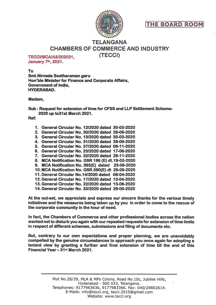 casansaar's tweet photo. Telangana Chambers of Commerce &amp; Industry writes to FM @nsitharaman ji for extension of CFSS and LLP. #Extend_CFSS #Ease_of_Doing_Business 
@FinMinIndia @theicai @icsi_cs @casansaar @Anurag_Office @nsitharamanoffc @narendramodi 
#Extend_Due_Dates_Immediately 
Request for Retweet https://t.co/FD6gnAXljr