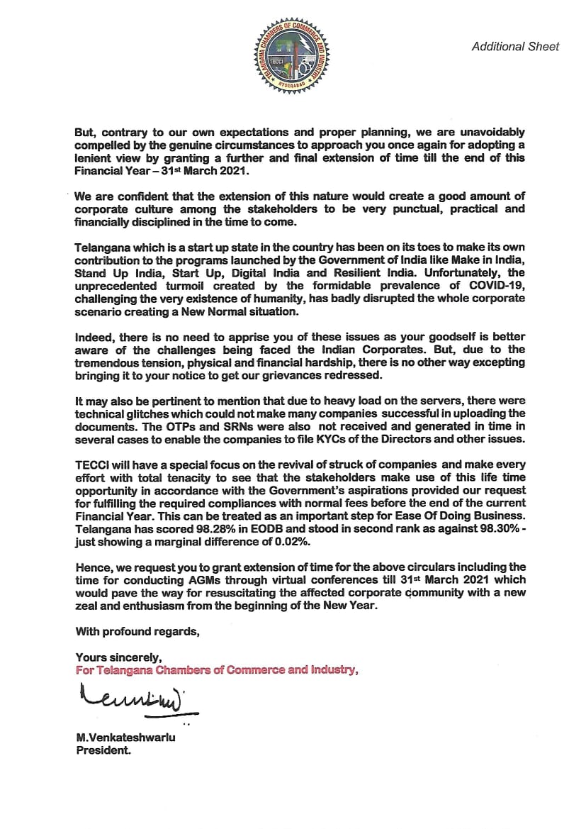 casansaar's tweet photo. Telangana Chambers of Commerce &amp; Industry writes to FM @nsitharaman ji for extension of CFSS and LLP. #Extend_CFSS #Ease_of_Doing_Business 
@FinMinIndia @theicai @icsi_cs @casansaar @Anurag_Office @nsitharamanoffc @narendramodi 
#Extend_Due_Dates_Immediately 
Request for Retweet https://t.co/FD6gnAXljr