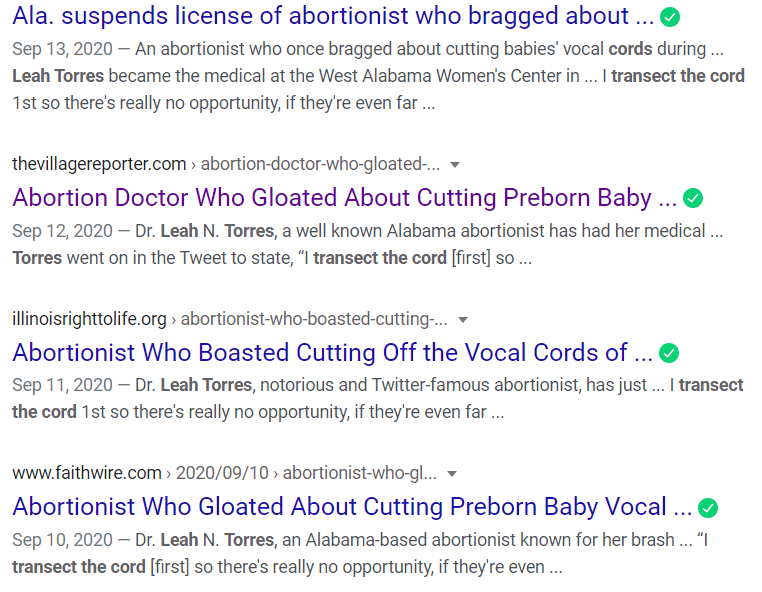 11. So in September, when Torres’ medical license application was denied, many headlines identified her as some version of, “Abortionist Who Bragged/Gloated/Boasted Babies Can’t Scream Because She Cuts Their Cord/Cords/Vocal Cords.” And the revulsion began again: