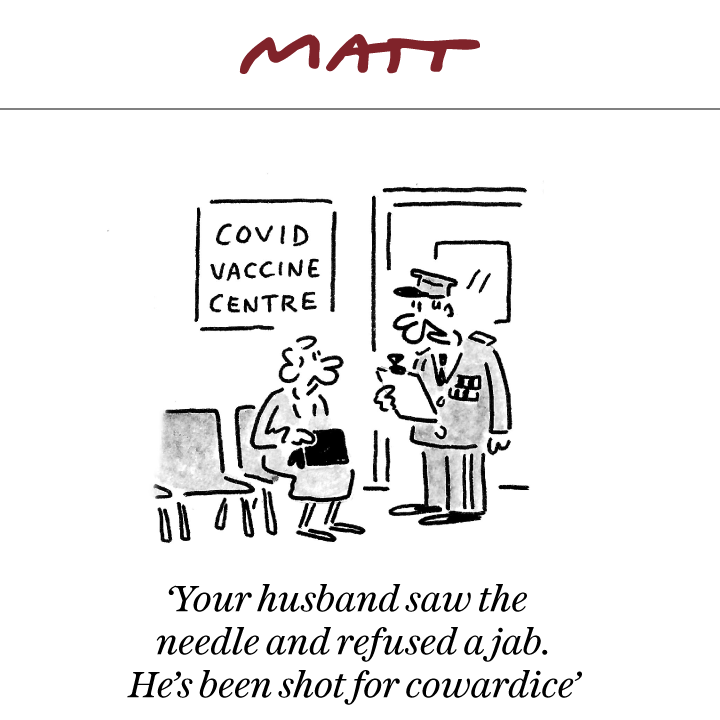 'He's been shot for cowardice' 💉

My latest cartoon for tomorrow's <a href="/Telegraph/">The Telegraph</a> 

Subscribe to my weekly newsletter to receive my unseen cartoons: telegraph.co.uk/premium/matt/?…