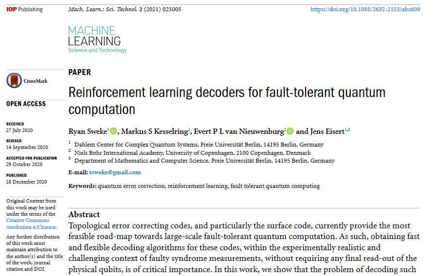 MLSTjournal's tweet photo. Great new work by @jenseisert @rndm_wlks @msKesselring and @Evert_v_N @uni_copenhagen @FU_Berlin - 'Reinforcement learning decoders for fault-tolerant #quantum computation' - https://t.co/XwTUf48Ras #machinelearning #QuantumComputing #Algorithms #codes https://t.co/o1xWtYvz1K