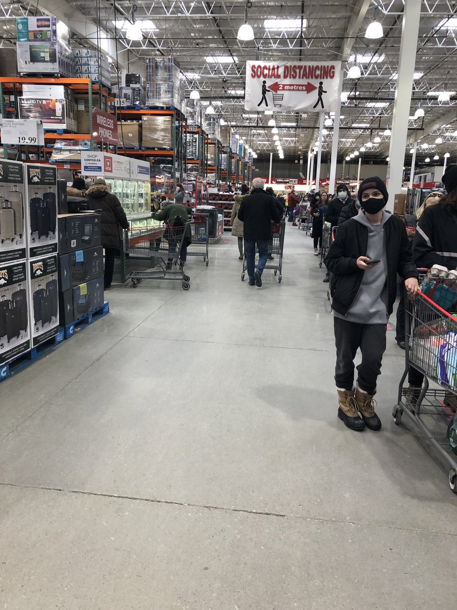 Costco! Both sides of the store. Lined up!!! Only 5 lanes open. Ugh. And <a href="/fordnation/">Doug Ford</a> says “more extreme measures are needed”????? I have been waiting for more than 15 minutes in line near A LOT of other people. <a href="/costcocanada/">Costco Canada</a>