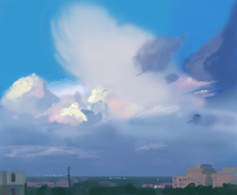 When we first moved to Texas, I was enamored by the dramatic sunsets. We lived in a terrible Apt above a mall, but it had a clear, big sky view. I'd paint the clouds live in little bursts of at-home "plein-air" painting. Those dag paintings were after these studies. This is 2013