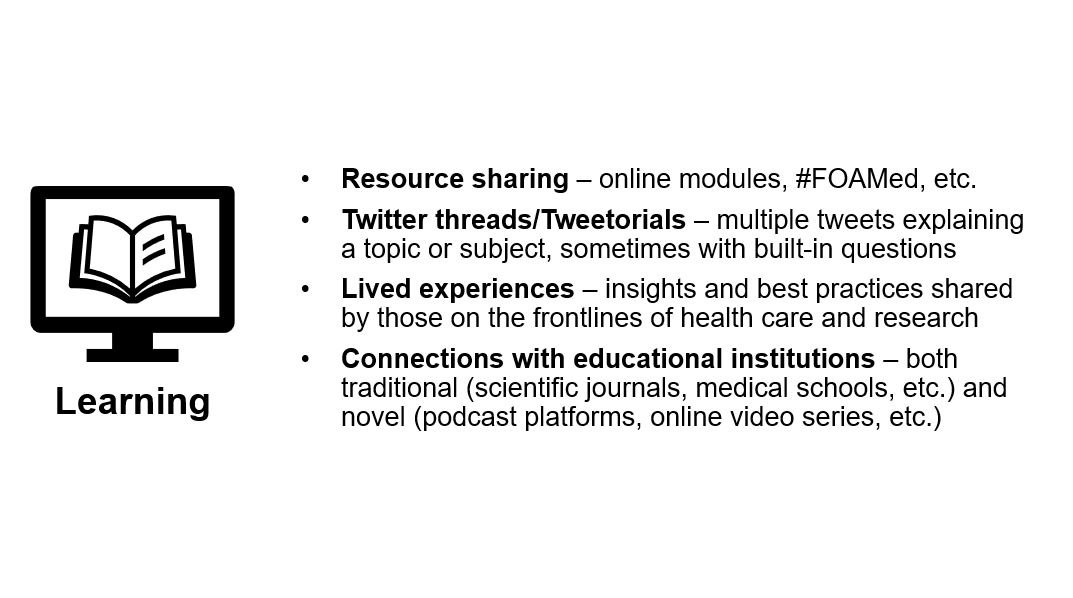 Learning takes many different forms on social media, including resource sharing (along with associated hashtags, such as  #FOAMed), Twitter threads/Tweetorials, lived experiences, and connections with educational institutions (both traditional and novel).