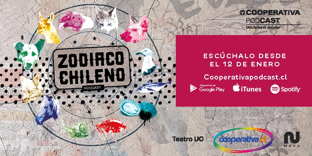 NMapa_Chile's tweet photo. #lanzamiento ¡Este es un estreno esperado!
#NMAPA @TeatroUC y @CooperativaPod presentan "Zodiaco chileno", un podcast donde @paulamolinat @Kalawski y @cmopazo desmenuzan el modo de ser de los chilenos. 🎧 Escúchalo a partir del martes 12 de enero en https://t.co/U68XSxXD8g https://t.co/U7RC2VPIFI
