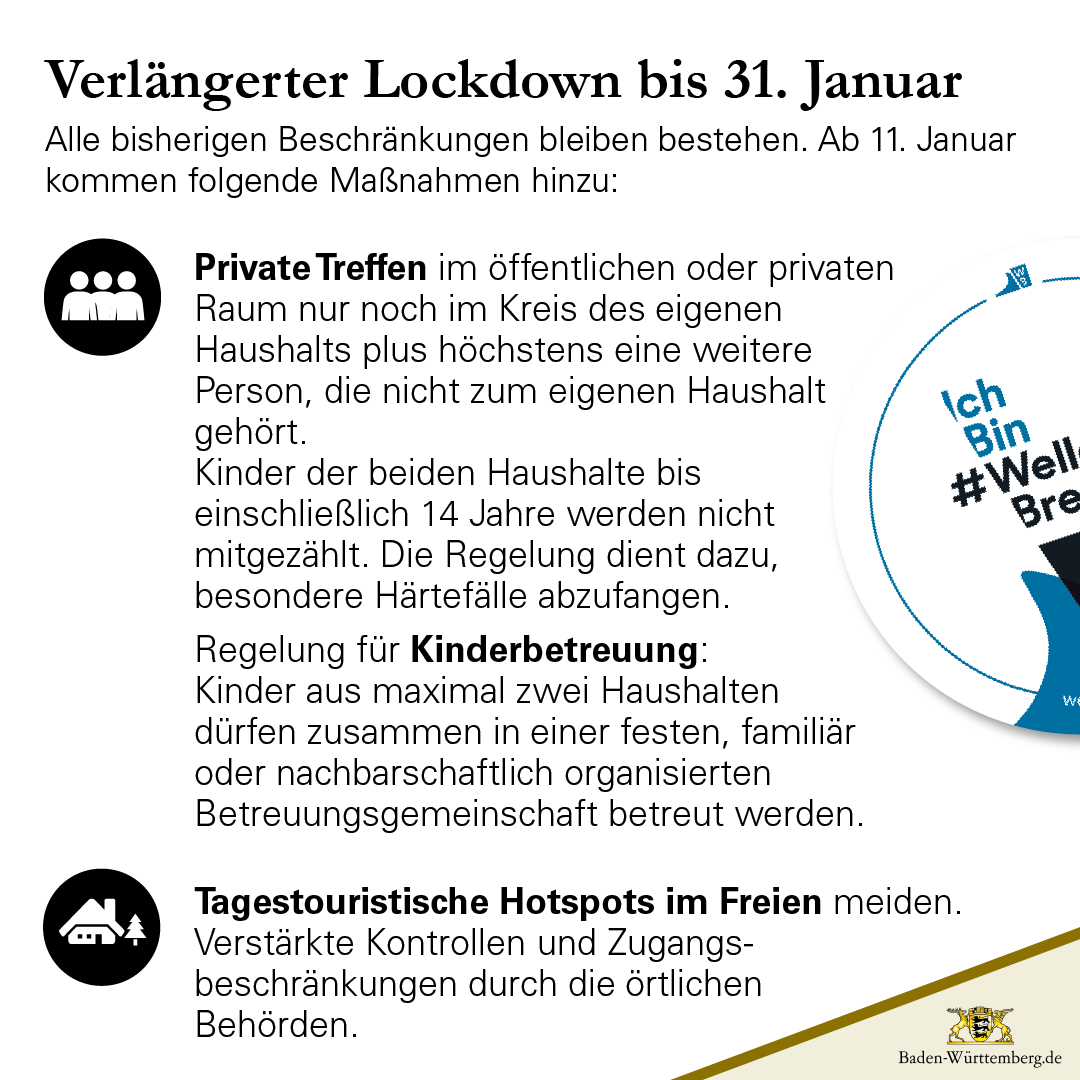RegierungBW's tweet photo. Verlängerung und Verschärfung des Lockdowns in #BadenWürttemberg: Die bisherigen Maßnahmen bleiben bestehen, ab 11. Januar gibt es weitere Verschärfungen im ganzen Land. 
#CoronaBW #CoronaVirusDE #Lockdown #ltbw

https://t.co/ej0NQzPs9R https://t.co/DQ4THeK3TF