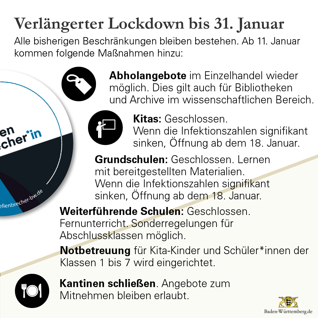 RegierungBW's tweet photo. Verlängerung und Verschärfung des Lockdowns in #BadenWürttemberg: Die bisherigen Maßnahmen bleiben bestehen, ab 11. Januar gibt es weitere Verschärfungen im ganzen Land. 
#CoronaBW #CoronaVirusDE #Lockdown #ltbw

https://t.co/ej0NQzPs9R https://t.co/DQ4THeK3TF
