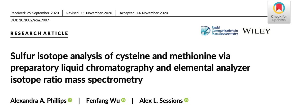 My 1st-1st author paper is out! There were many moments in this >four year journey where I honestly doubted we would ever publish. Let me tell you a bit about the paper, which should maybe be called "how NOT to measure the S isotopes of amino acids"  …https://onlinelibrary-wiley-com.clsproxy.library.caltech.edu/doi/abs/10.1002/rcm.9007