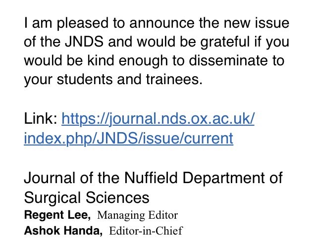 An online journal from the Oxford team for our trainees and medical students. Please circulate widely. journal.nds.ox.ac.uk/index.php/JNDS… <a href="/VSGBI/">Vascular Society</a> <a href="/welshbarbers/">Welsh Barbers</a> <a href="/welshsurgeons/">Welsh Surgical Society</a>
