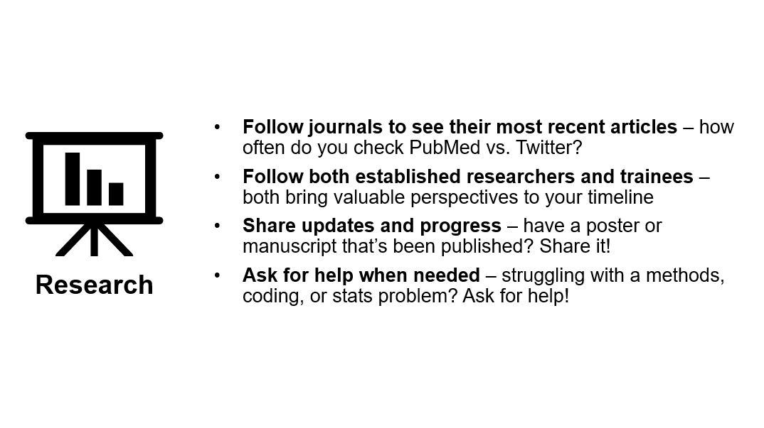 If you’re using Twitter for research, here are some things to consider: follow journals to see their most recent articles, follow both established researchers and trainees, share your updates and progress, and ask for help when needed.