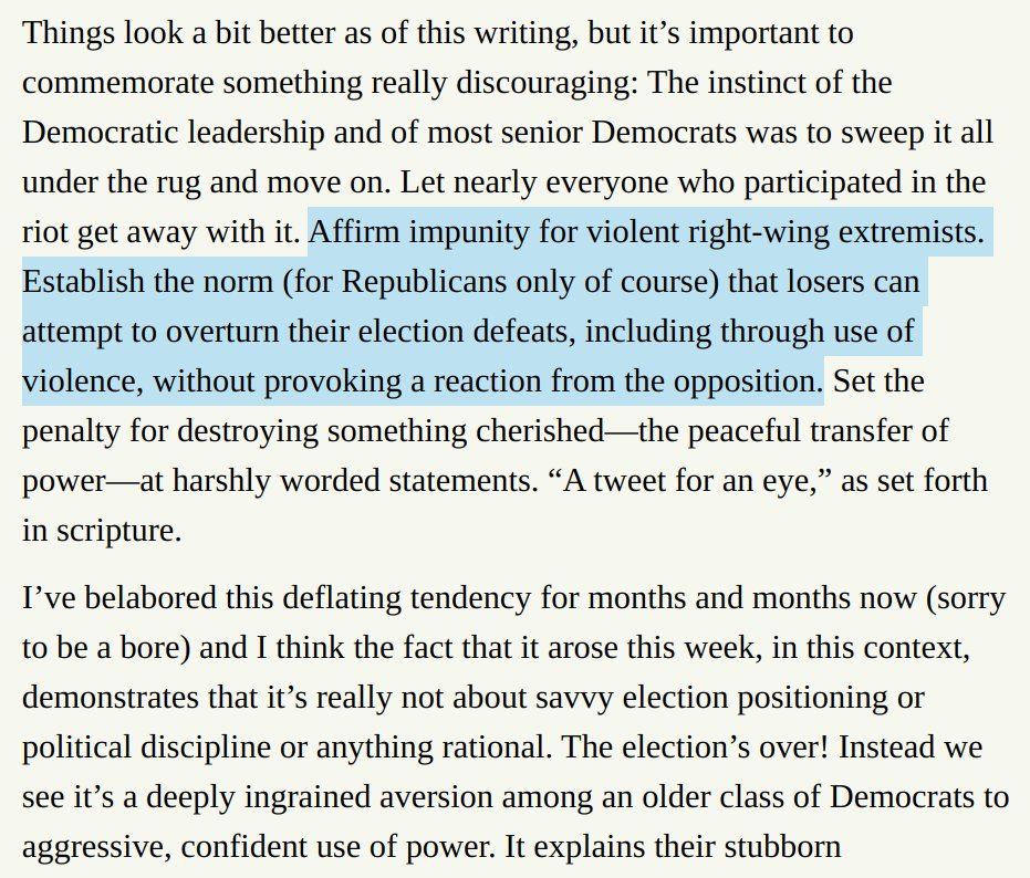 Right from  @brianbeutler: The instinct among some Dems to turn the page from the insurrection could help establish precedent that Repubs can seek to overturn elections with impunity.As noted above, this is exactly how the far right sees the mob assault. https://mailchi.mp/crooked.com/big-tent-16904?e=6e84ed47af