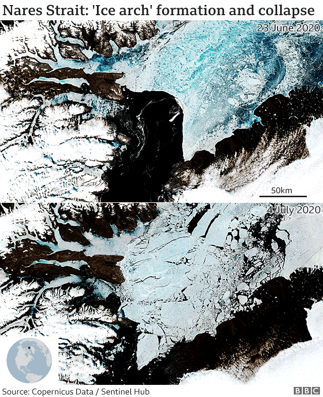 JCDAmos's tweet photo. I've been playing with some really exquisite #Sentinel2 images this afternoon. Ice looks so beautiful from space. We need to hang on to the stuff! #Arctic #seaice #NaresStrait @UTM https://t.co/0UhI4TO9ov https://t.co/laQeiF2ErB