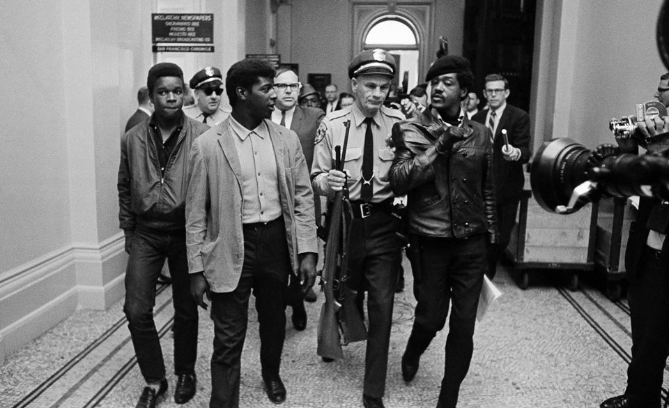 In California during the 1960s, it was perfectly normal to open carry. That’s why you see so many photos of the Black Panthers with big rifles on their shoulders. The initial purpose of the party was to patrol the Oakland Police using gun laws and reading California law books.