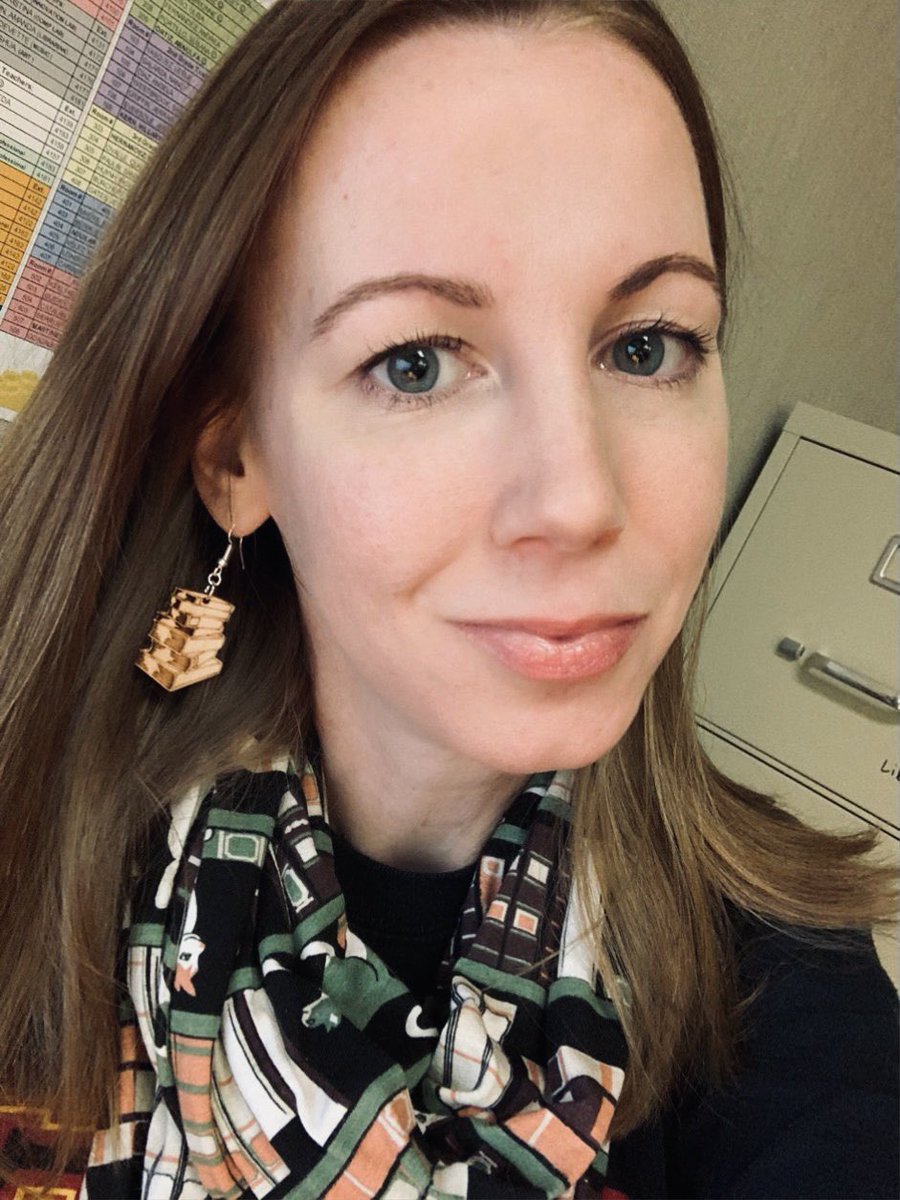 thegoodread's tweet photo. Rocking my @SvahaUSA #library CATalog scarf and @CatesConcepts #book earrings - so ready to start up #stembrary on Monday! #futurereadylibs #BookTwitter https://t.co/tC3WblVPbu