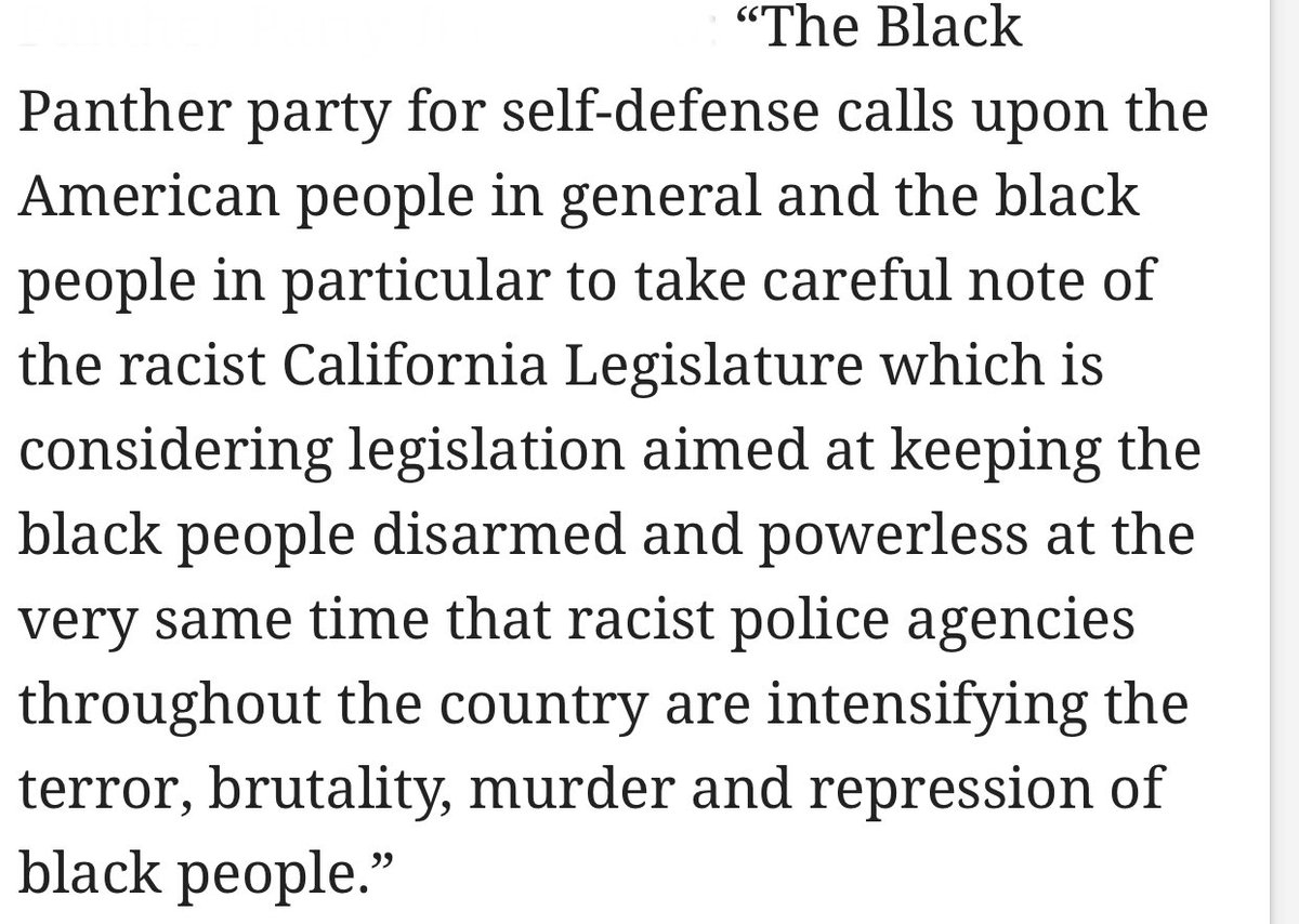 This is part of the mandate Black Panther Party co-founder Bobby Seale read to the California State Legislature. He was sent to represent the Party because Huey Newton was known to be a hothead and on probation then. Seale could better represent the party. Newton agreed.