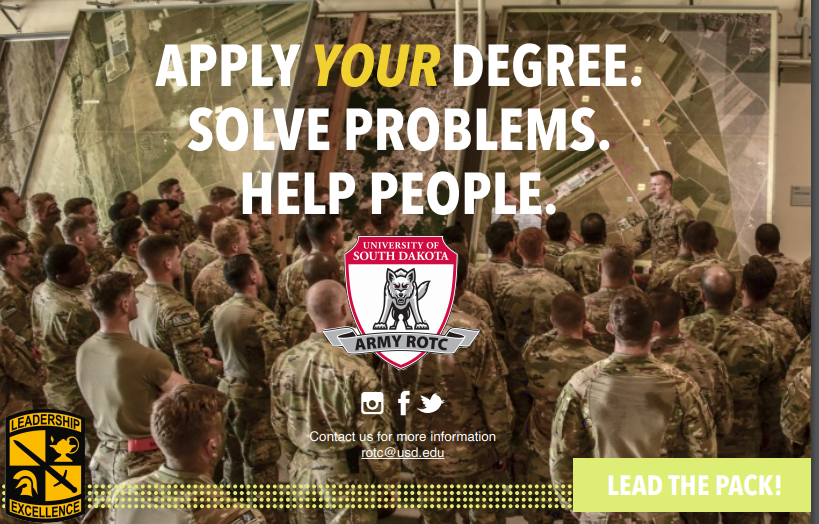 YOU can help our Army solve our most pressing national security challenges.  Your degree from USD and your experience in ROTC can enable you to have an impact and HELP PEOPLE!

<a href="/usd/">University of South Dakota</a> <a href="/GoArmy/">GoArmy</a> <a href="/ArmyROTC/">Army ROTC</a> <a href="/3rdROTCBrigade/">BlackHawkBde</a> 

#3rdbdearmyrotc
#goararmy
#Leaderswanted
#stemeducation