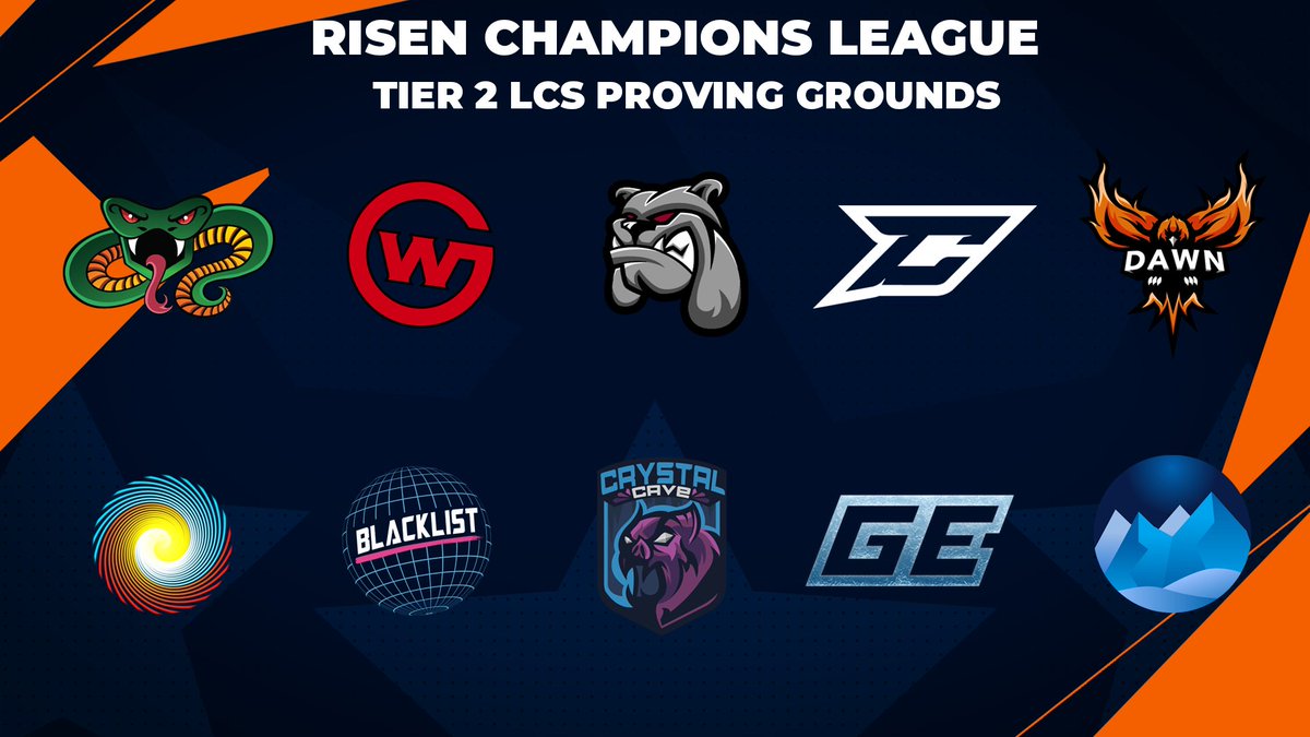 Excited to announce the next set of teams competing in our Tier 2 <a href="/LCSOfficial/">LCS</a> Proving Grounds!

<a href="/Striking_Vipers/">Name In Progress</a> 
<a href="/Wildcard_GG/">Wildcard</a> 
<a href="/BayStateEsports/">Bay State Esports</a> 
<a href="/TeamClarityGG/">Team Clarity</a> 
<a href="/Dawn_LoL/">Dawn</a> 
<a href="/FrostFirelol/">FrostFire</a> 
<a href="/ggBLACKLIST/">BLACKLIST</a> 
<a href="/CrystalCaveGG/">Crystal Cave Gaming</a> 
@the_GLAE 
@Chilly_Mountain 
<a href="/Wildcard_GG/">Wildcard</a> Developmental