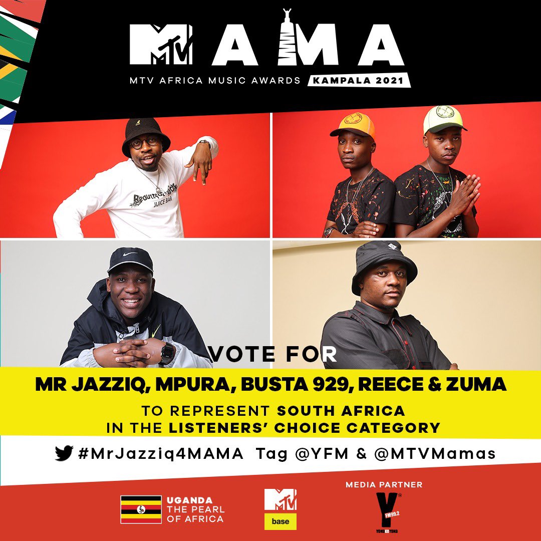 MrJazziQ's tweet photo. Mzansi listen up! You have 24 hours to vote for @MrJazziQ @MPURAPUDI @busta_929 Reece &amp; Zuma to represent SA for the Listeners’ Choice Award at the #MTVMAMA.
 
All you have to do is tag @mtvmamas &amp; @Yfm including the unique hashtag (#MrJazziQ4MAMA) to cast a vote. https://t.co/CeUQxsgrLx