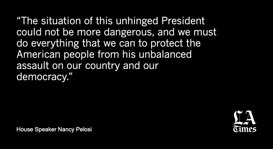 latimes's tweet photo. Pelosi sent a letter to her Democratic House colleagues just before they were scheduled to hold a closed caucus meeting to discuss impeachment or other steps to remove Trump from office because of his role in inciting a violent siege of the Capitol. https://t.co/SEj0K6VQxZ https://t.co/C4ZGVjwjQB
