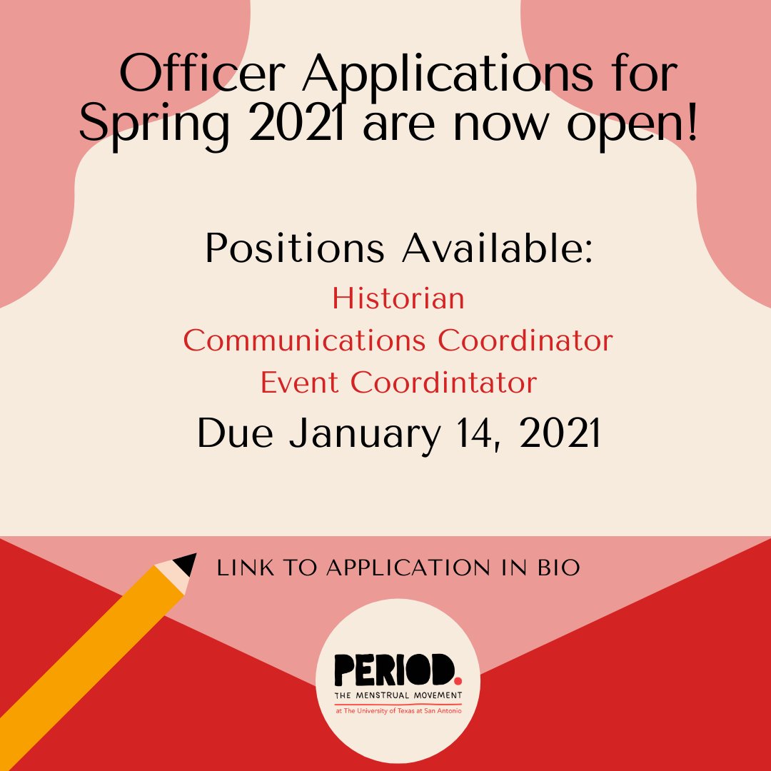 PeriodUTSA's tweet image. Happy Friday, we hope your winter break is going well! We're excited for the upcoming semester:)) The officer application is now open and we would love for you to be a part of our team!