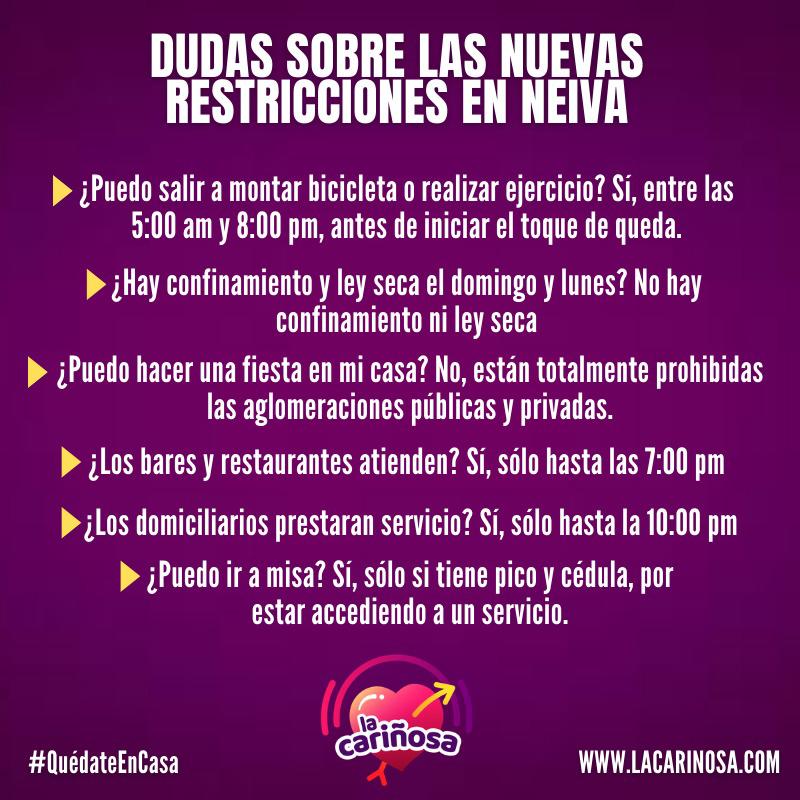 LaCarinosaNeiva's tweet photo. 🛑👉🏻Lea y aclare algunas dudas sobre las medidas que se cumplirán este fin de semana del puente festivo en Neiva. 

#neiva #medidaspreventivas #restricciones #lacariñosaneiva #huila #neivayork #neivacity #picoycédula #covid19colombia #covid_19 #likeforfollowers #instagood https://t.co/1LqU9qibvF