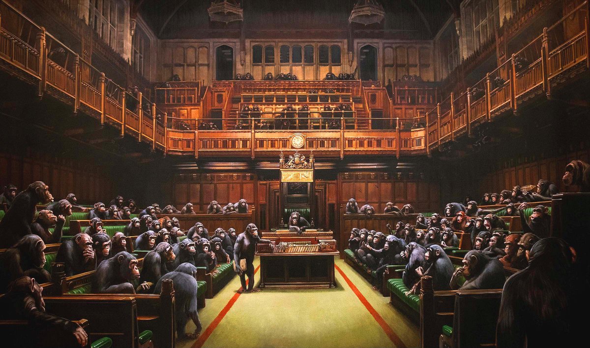 9) "Devolved Parliament" is the most expensive Banksy work sold at auction. It sold for $12.2 million in 2019.Banksy commented, "Laugh now, but one day no-one will be in charge"
