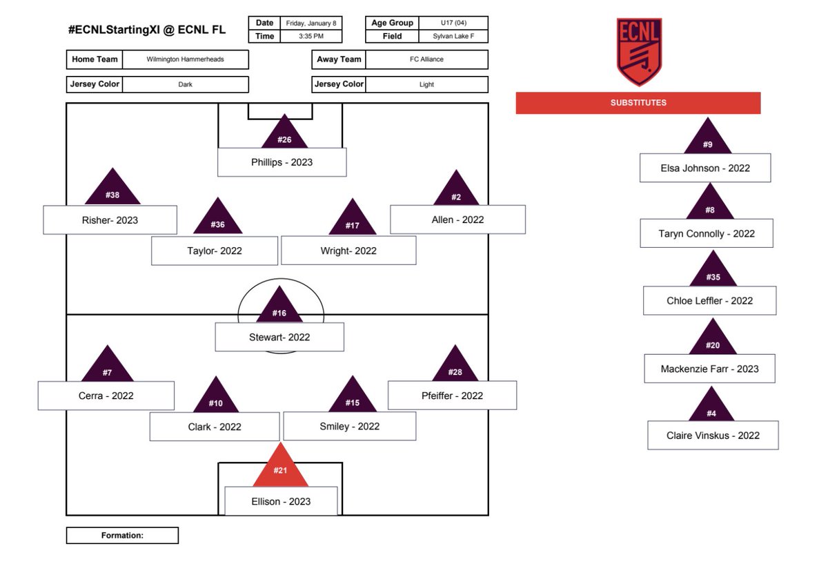 Starting line up for our game today against FC Alliance.  Game is at 3:35 on Field F at Sylvan Lake Park. Live Stream: portal.stretchinternet.com/ecnl/#live