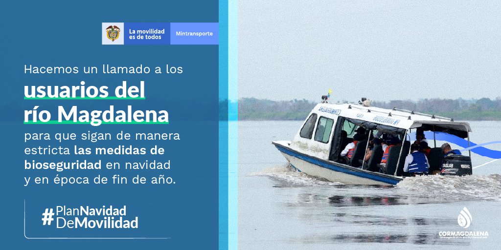 Cormagdalena's tweet image. #PlanNavidadDeMovilidad I Las empresas de transporte fluvial deben garantizar las medidas de bioseguridad de los pasajeros y usuarios del #RíoQueNosUne. 

¡No olvides salir de casa con el tapabocas para prevenir el contagio del #COVID19!
