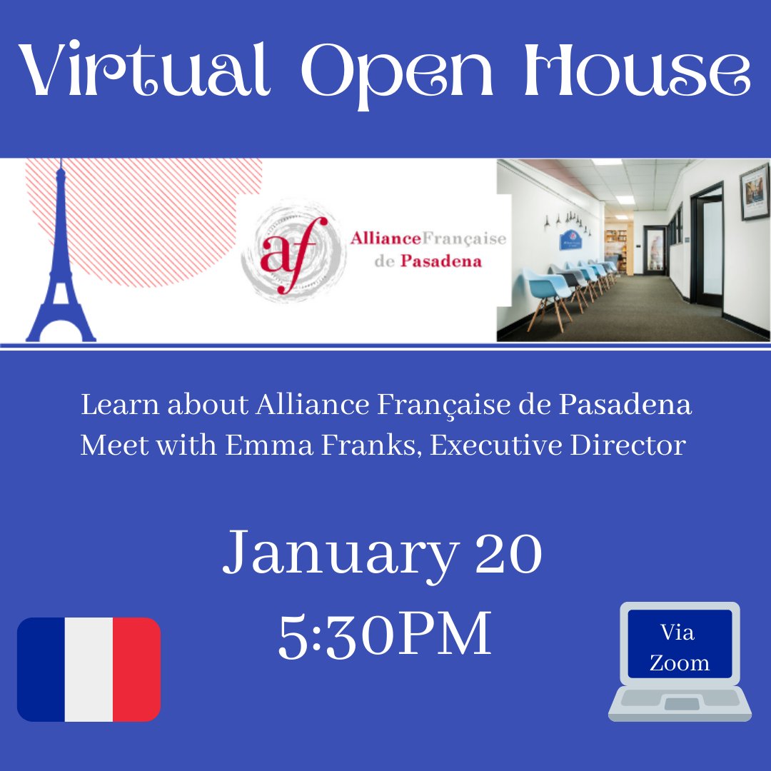 afdepasadena's tweet photo. Join us for our Virtual Open House, Wednesday January 20 at 5.30pm. We will present the Alliance Française de Pasadena followed by a Q&A session. RSVP: https://t.co/8N04til79n
#alliancefrançaise #french #français #pasadena #culture #culturefrançaise #learnfrench #ilearnfrench https://t.co/BXdQDhUp9m