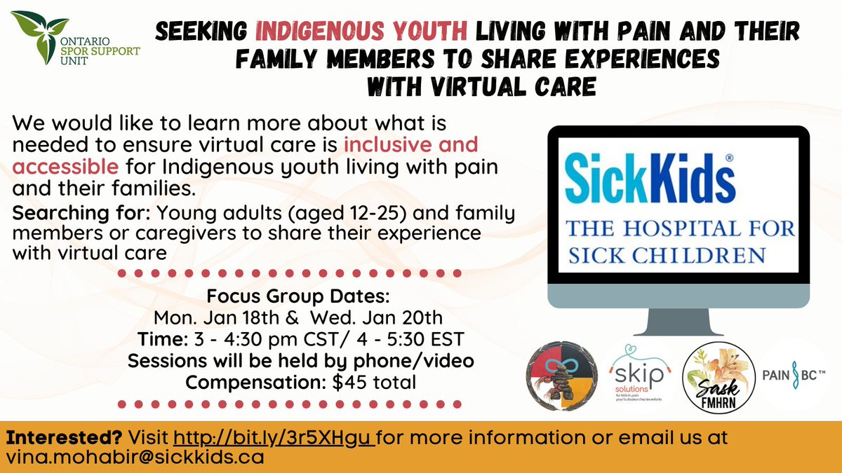 We are seeking Indigenous youth living with pain and their family members to share their experiences with #virtualcare 

We want to know how it can be more accessible &amp; inclusive! 🙌

If interested, click here ➡️ bit.ly/35nYoZw

#PartneringForPain #ItDoesntHavetoHurt