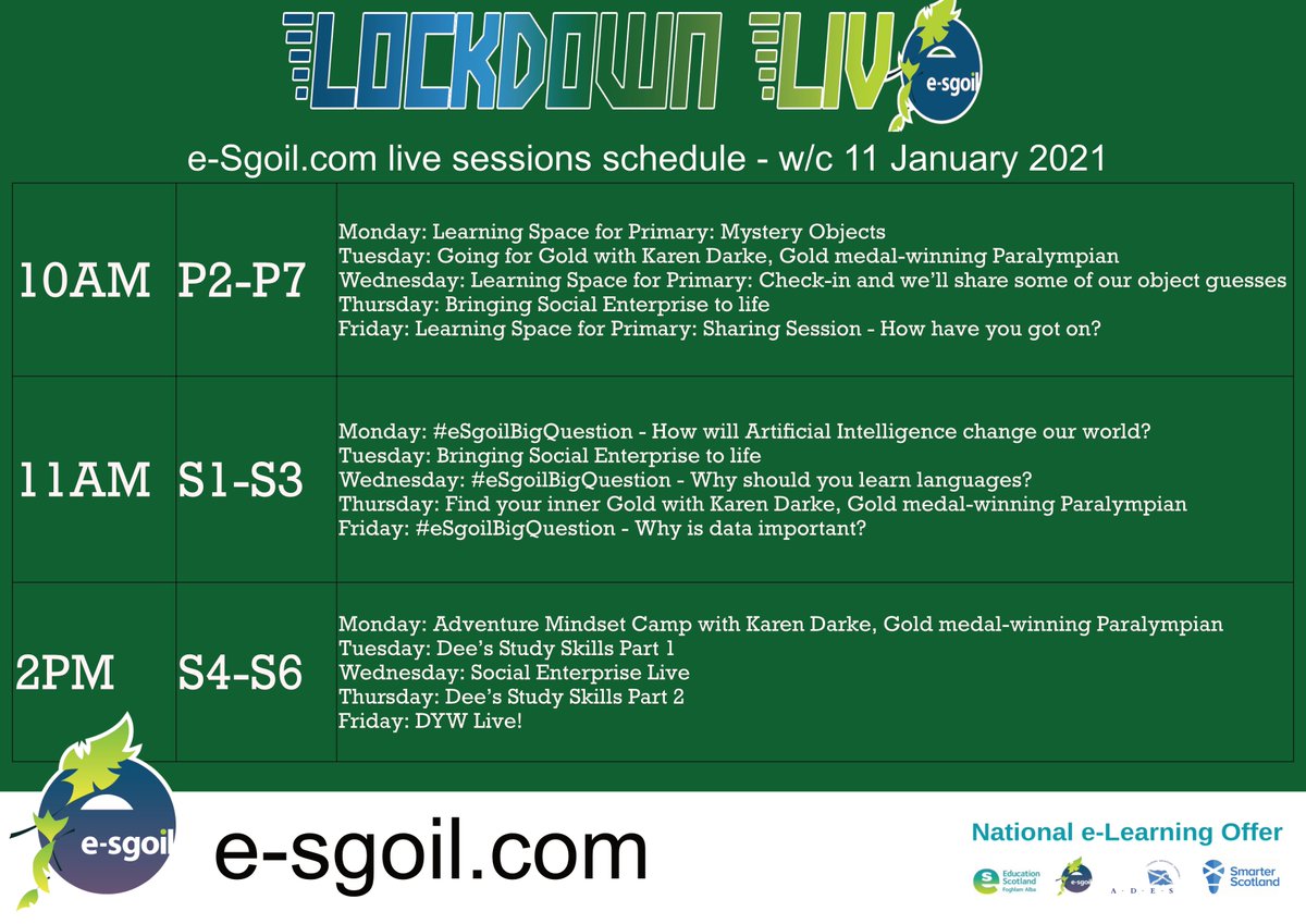 eSgoil's tweet photo. We are delighted to share with you our 'Lockdown Live' support to schools and learners during this period of remote learning. Full details and access to live sessions will be available on our website from Monday. https://t.co/uRLYwEgMUB