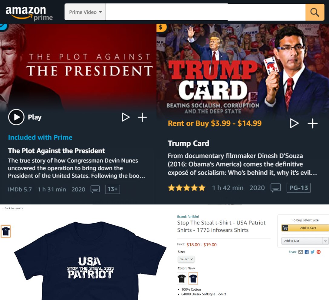 gerardodada's tweet photo. It's time to hold @Amazon accountable for the disinformation they disseminate. Just as bad as FoxNews they supported Infowars and as of today sell 'stop the steal shirts, and have multiple movies that continue to spread lies, hate, and seed division. Please RT https://t.co/ezg42qWF3d
