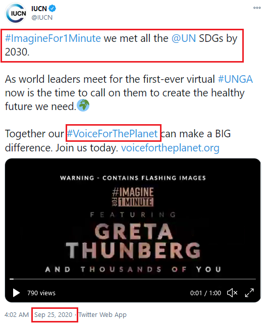 Both  #IUCN & WWF/WEF  #VoiceForThePlanet: "ImagineFor1Minute we met all the UN SDGs by 2020".This is reminiscent of the identical "The Future We Choose" branding slogans shared by  #XR Gail Bradbrook,  #CNN, We Mean Business,  #SierraClub, etc.