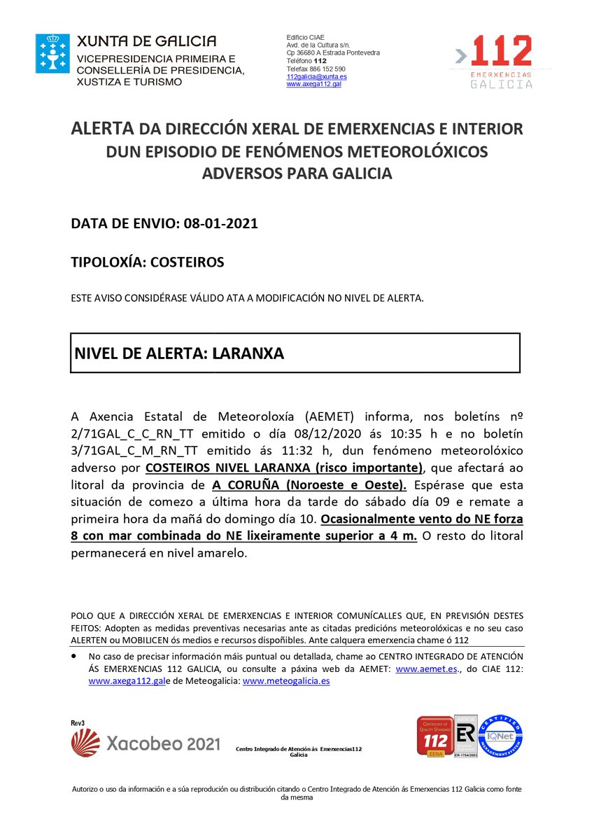 ConBergondo's tweet photo. ❗ A @AEMET_Galicia establece unha alerta #laranxa a partir da última hora da tarde do sábado, día 9, ata a primeira hora da mañá do domingo, día 10.
⚠ Moita precaución!
#ConcelloDeBergondo https://t.co/ZKqyqXrorK