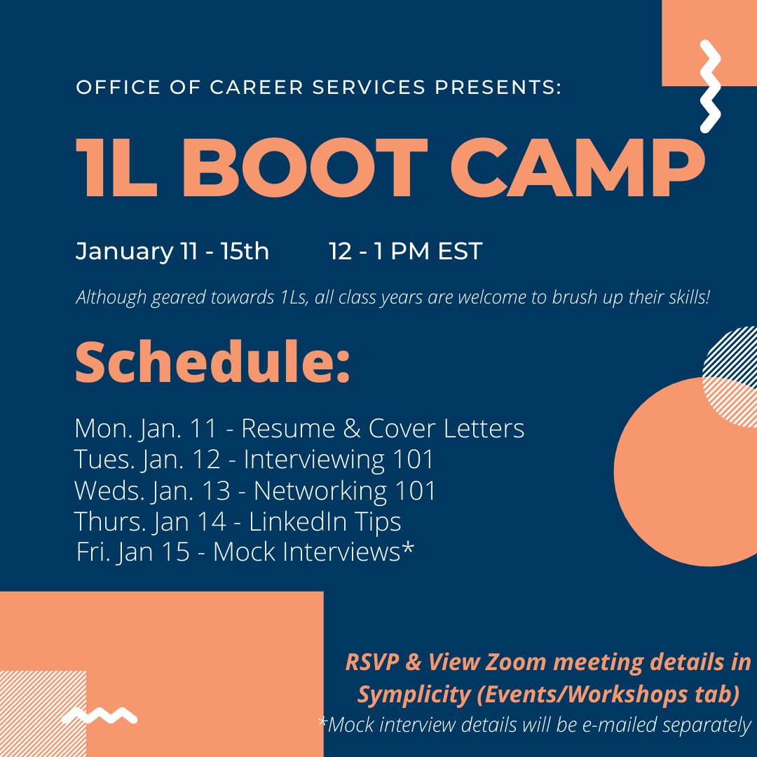 Do you have questions about your job search? We created a boot camp program to cover the nuts &amp; bolts of this process. 

RSVP in Symplicity (events/workshops tab)🍊

#1L #SyracuseLaw #careerdevelopment #resume #coverletter #interviewing #professionaldevelopment